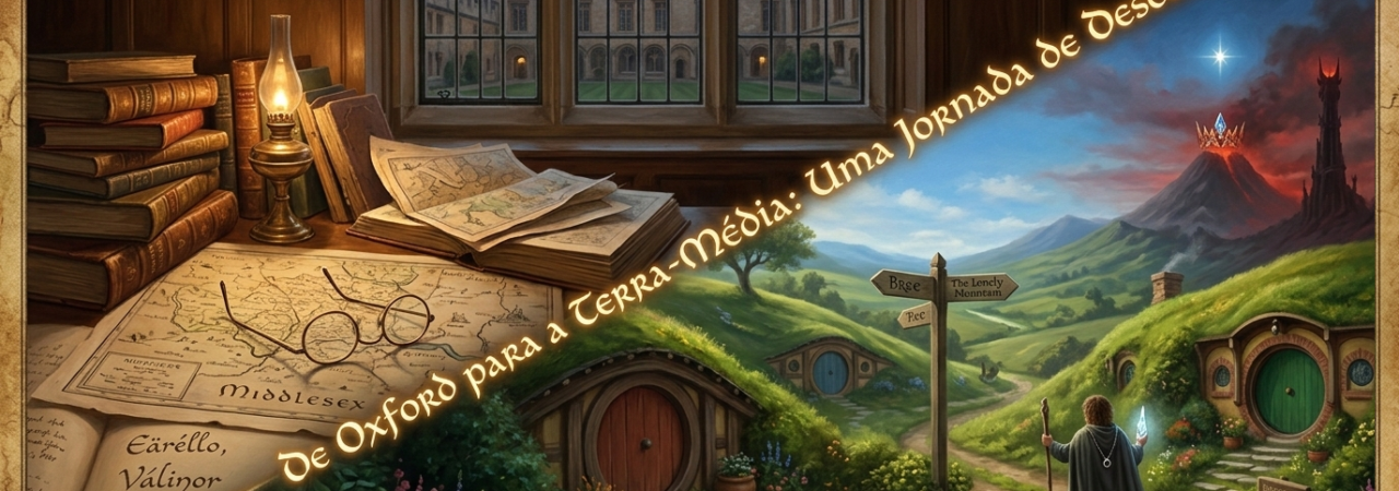 Ilustração dividida diagonalmente, que mostra um escritório com livros antigos, mapas sobre a mesa e uma janela; a parte inferior mostra o verdejante Condado com o Bolsão e as Montanhas Sombrias ao fundo. O título separa as duas imagens: "De Oxford para a Terra-Média: Uma Jornada de Descoberta".