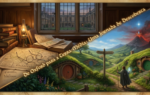 Ilustração dividida diagonalmente, que mostra um escritório com livros antigos, mapas sobre a mesa e uma janela; a parte inferior mostra o verdejante Condado com o Bolsão e as Montanhas Sombrias ao fundo. O título separa as duas imagens: "De Oxford para a Terra-Média: Uma Jornada de Descoberta".