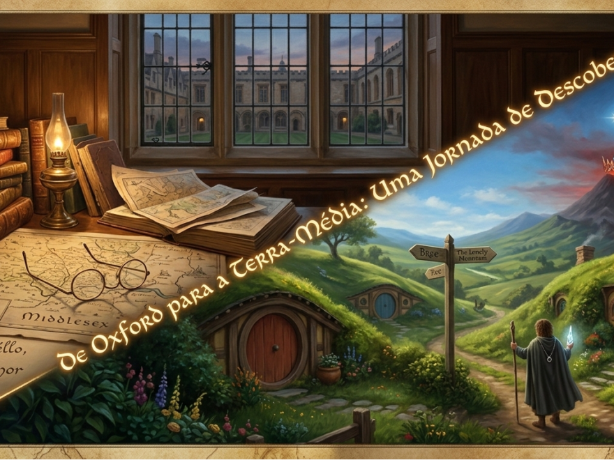 Ilustração dividida diagonalmente, que mostra um escritório com livros antigos, mapas sobre a mesa e uma janela; a parte inferior mostra o verdejante Condado com o Bolsão e as Montanhas Sombrias ao fundo. O título separa as duas imagens: "De Oxford para a Terra-Média: Uma Jornada de Descoberta".